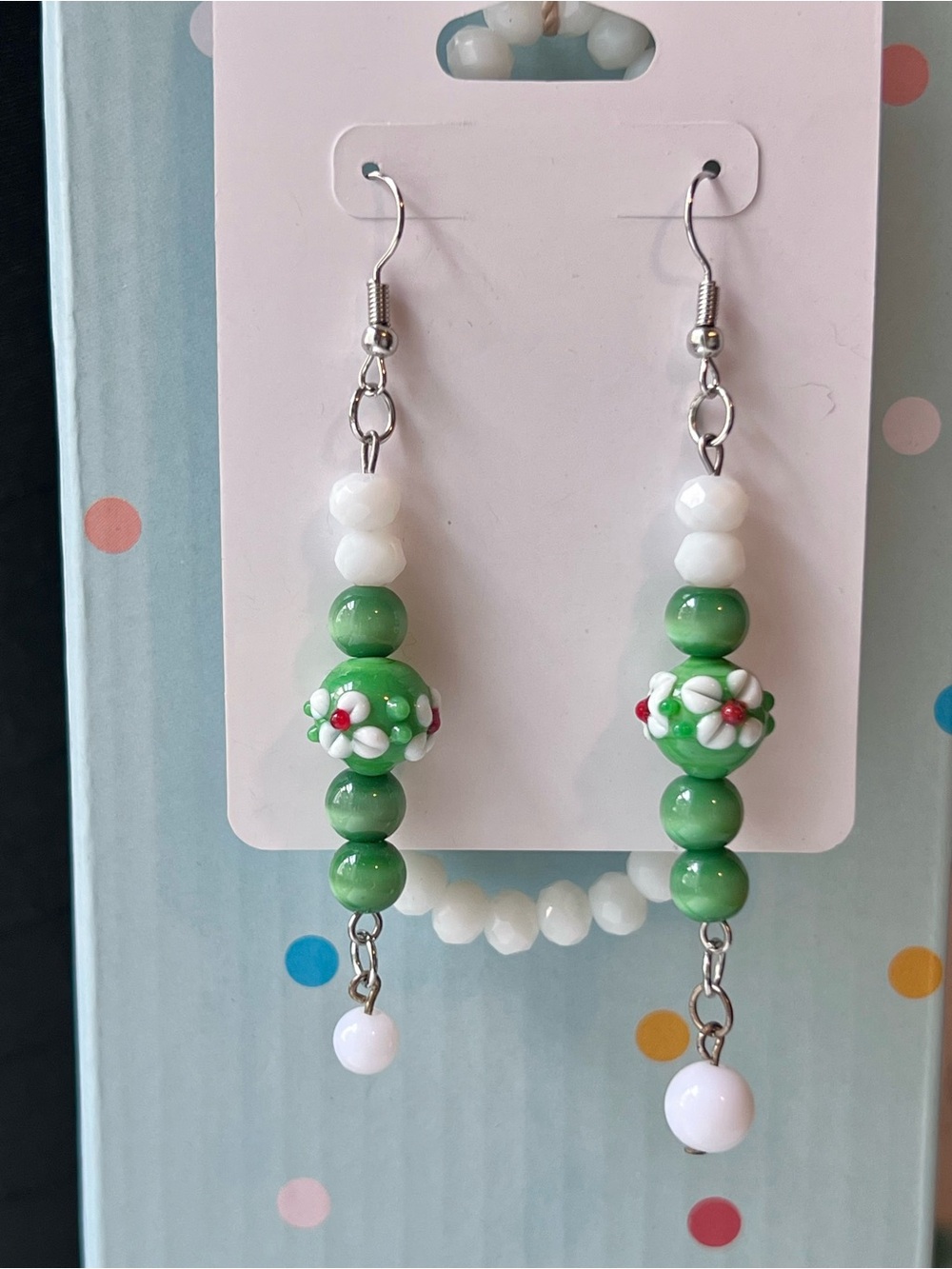 Floral Green Glass Beaded Drop Artisan Earrings & Matching Bracelet set